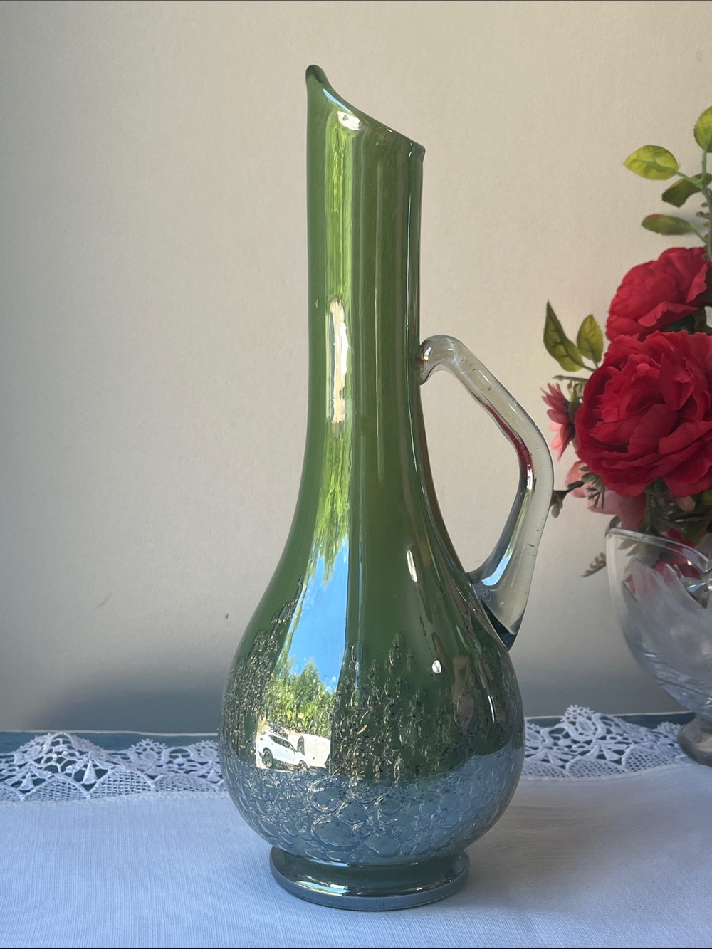 Vintage MCM Green Art Glass Pitcher Vase Bubble Base 10"